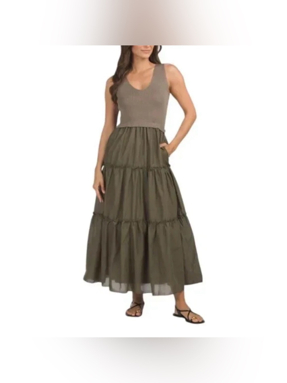 Taylor Sleeveless Tiered Maxi Dress in Light Olive
